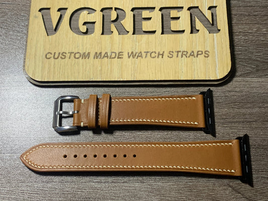 Extra-long brown Barenia leather Apple Watch strap, cream side stitching