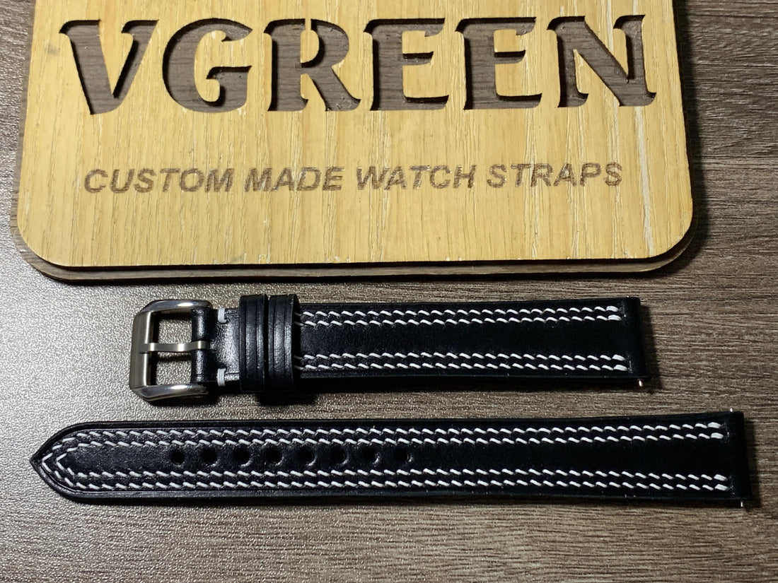 Extra-long black shell cordovan strap for a vintage 1968 Seiko 6145-8000