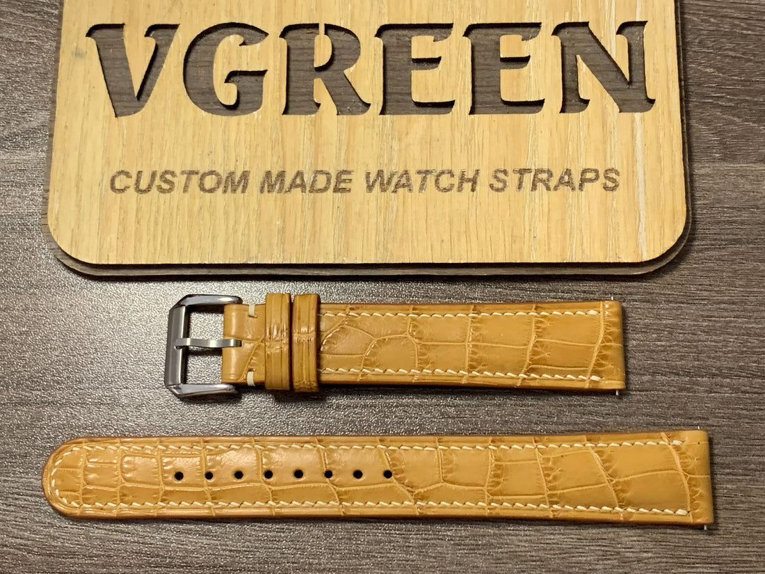 Extra-long honey brown crocodile strap for a Seiko SRPL75, creamy white stitching