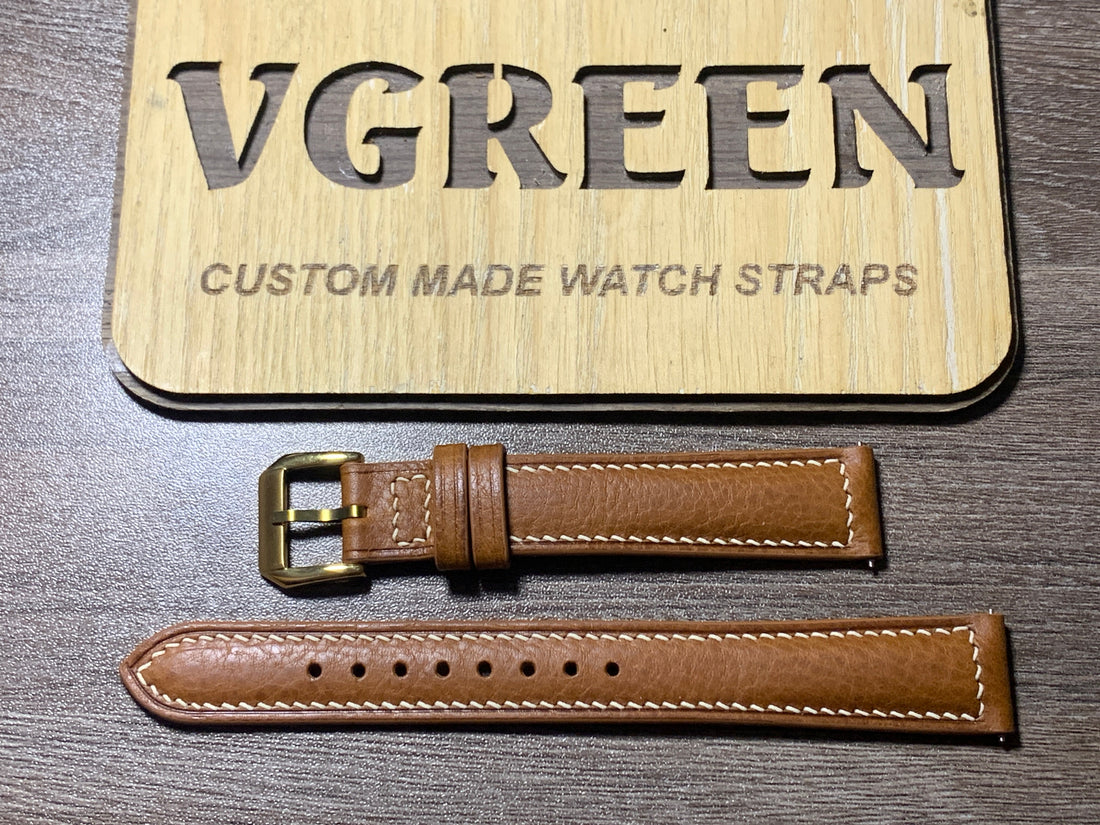 Brown Minerva Box watch strap for a 1950 Omega Seamaster, cream box stitching