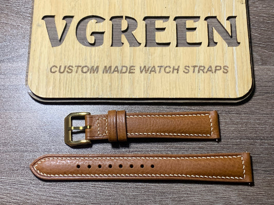 Brown Minerva Box watch strap for a 1950 Omega Seamaster, cream box stitching