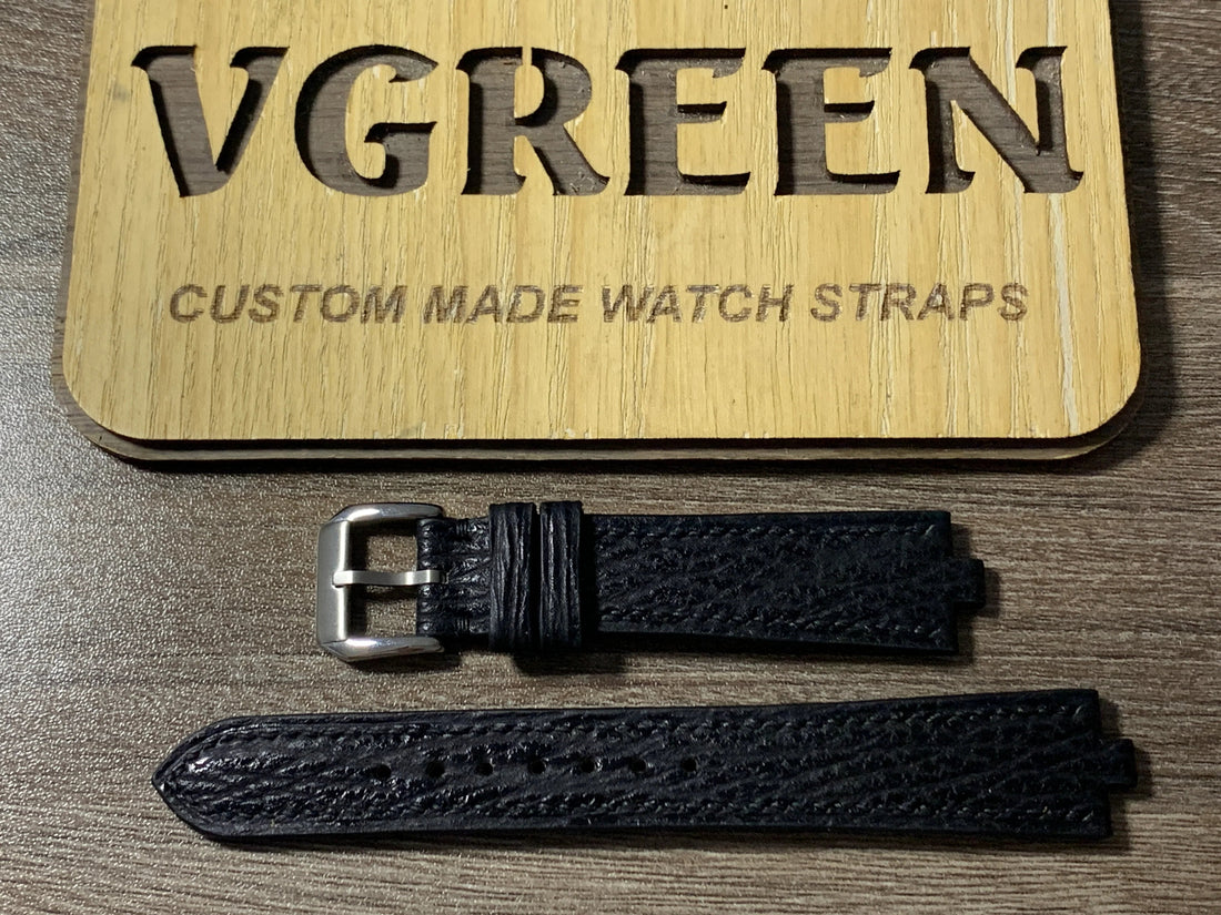 Corner notched black sharkskin watch strap for Movado Olympian