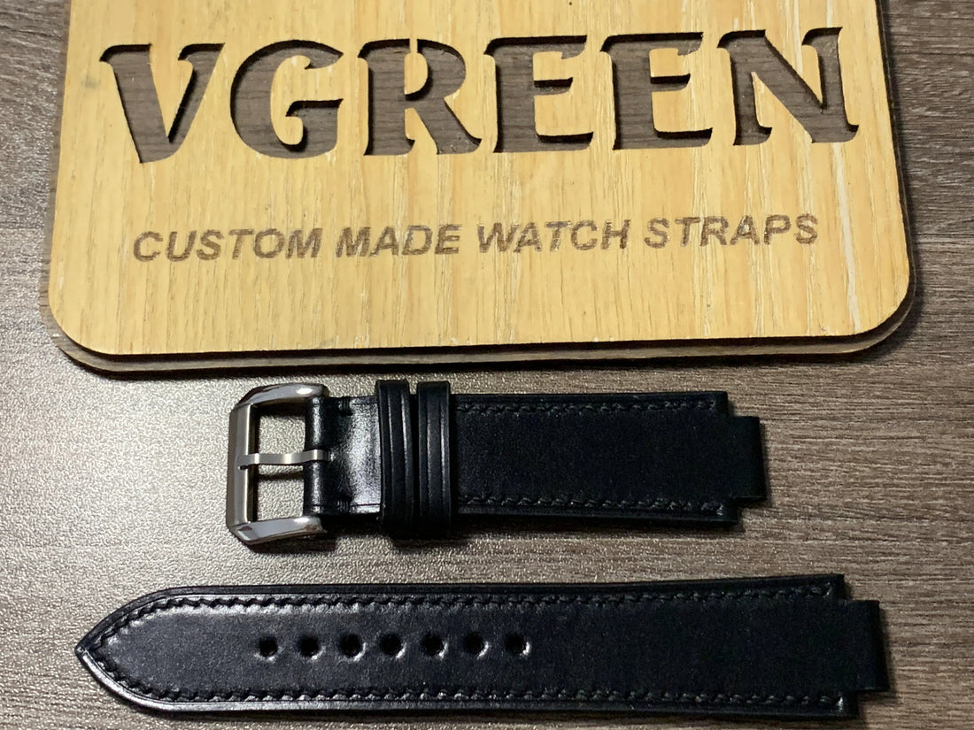 Black shell cordovan corner-notched strap for a Citizen Eco-Drive Axiom chronograph