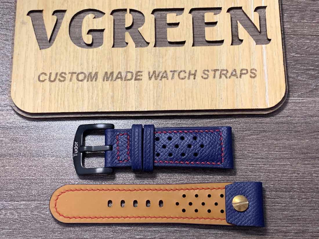 Navy Epsom open-ended racing strap for a Tudor Pelagos FXD, red box stitching