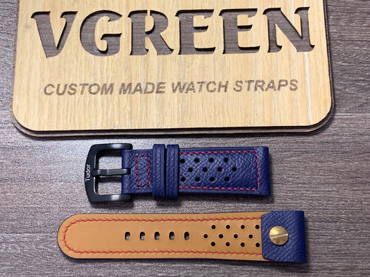 Navy Epsom open-ended racing strap for a Tudor Pelagos FXD, red box stitching