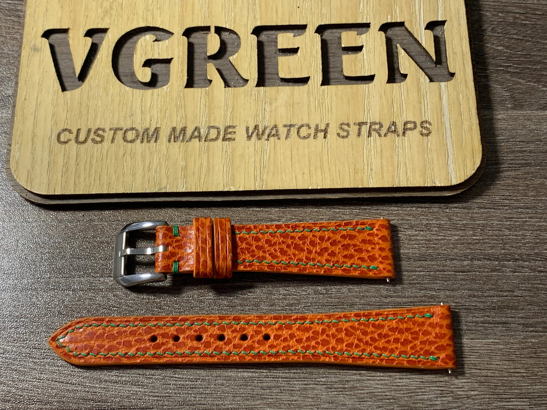 Orange Dollaro leather watch strap for 1967 Bulova Accutron Spaceview, green side stitching