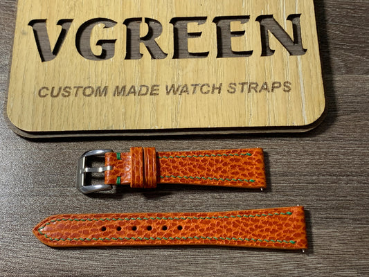 Orange Dollaro leather watch strap for 1967 Bulova Accutron Spaceview, green side stitching
