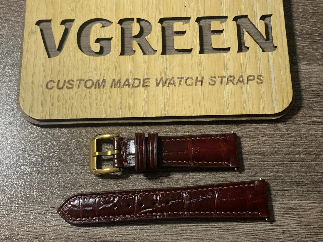 Oxblood crocodile watch strap for vintage Rolex Oyster Perpetual Date 1503, gold buckle