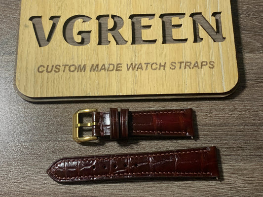 Oxblood crocodile watch strap for vintage Rolex Oyster Perpetual Date 1503, gold buckle