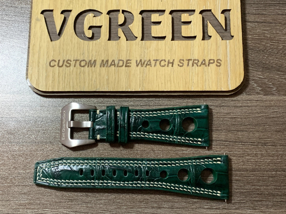 Dark green crocodile watch strap for Alexander Shorokhoff Square & Round, racing style