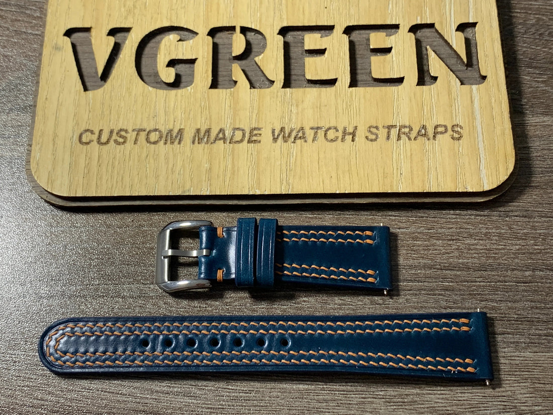 Teal blue shell cordovan watch strap for Grand Seiko SBGM221, golden brown double side stitching