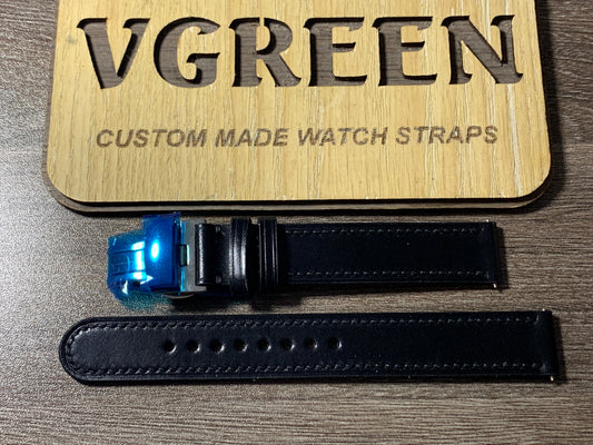 Black shell cordovan watch strap for Seiko Alpinist SJE085, deployant clasp