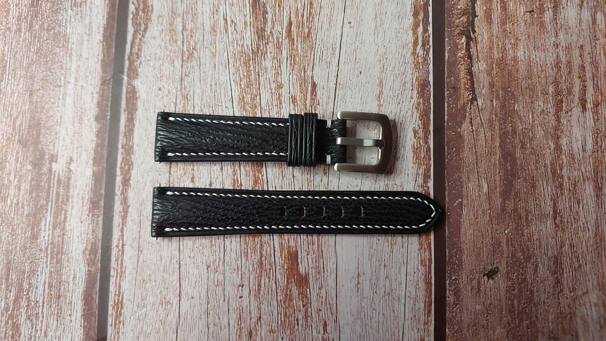 Black Full Grain Shark Skin Leather Strap For Longines Conquest VHP Wa