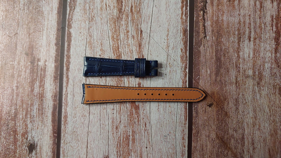 Dark Blue Crocodile Leather Custom Curved End Watch Strap