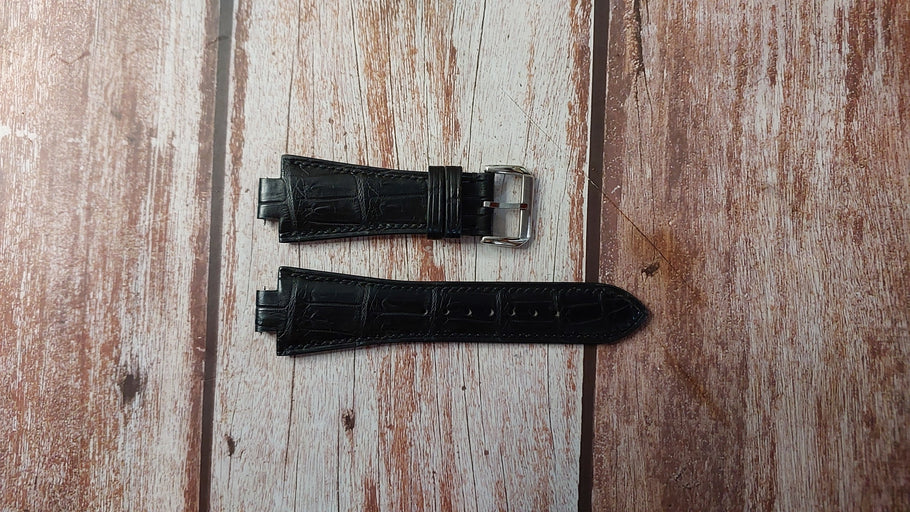 Black Crocodile Leather Custom Notched Strap For TB Buti Galileo Watch