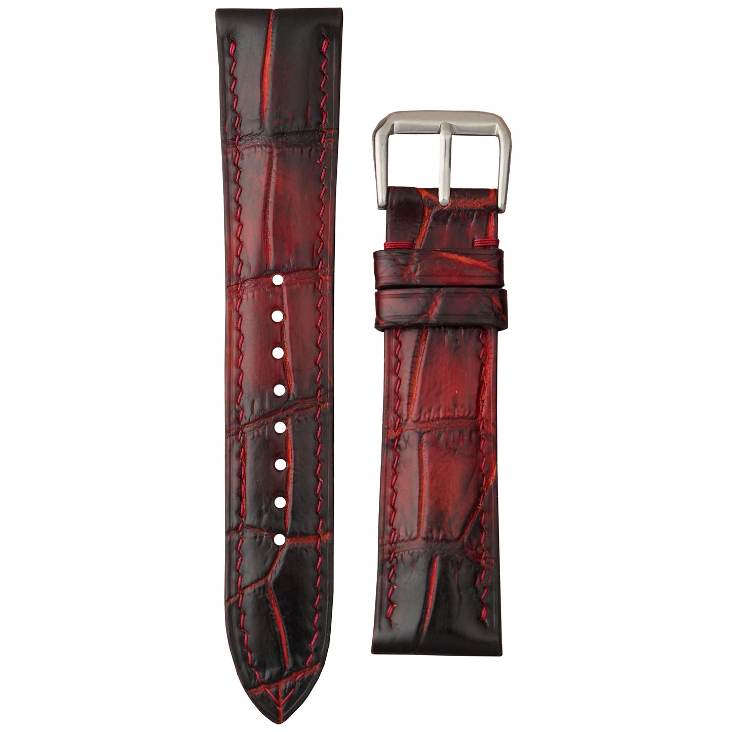 Burnt red Bordeaux crocodile leather watch strap with matching red stitching and a silver buckle, flat lay.