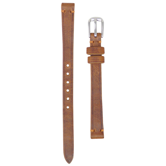 Cognac Badalassi Wax leather watch strap, 10mm, with light stitching and silver buckle, flat lay.
