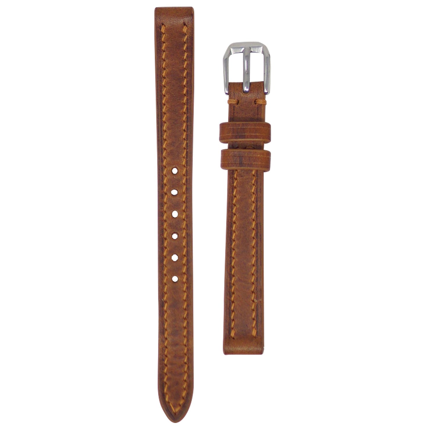 Cognac Badalassi Wax leather watch strap, 11mm, with light brown stitching and silver buckle, flat lay.
