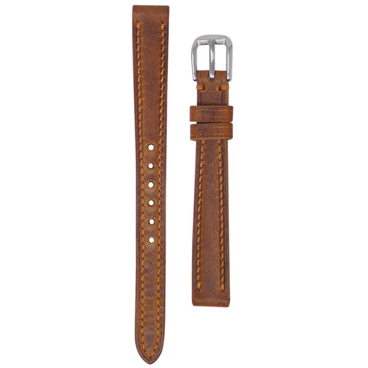 Cognac Badalassi Wax leather watch strap, 12mm, with matching stitching and silver buckle, flat lay.