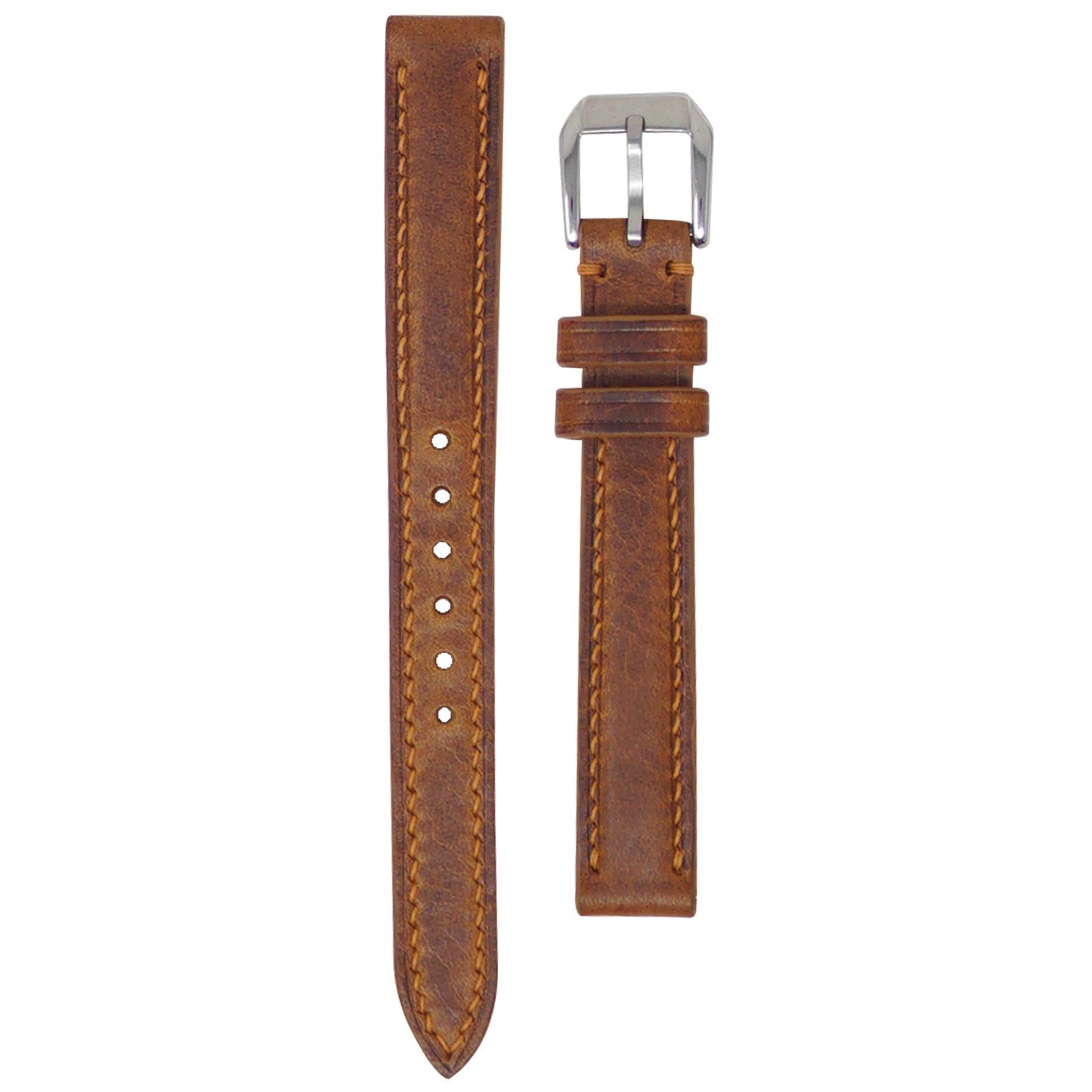 Cognac Badalassi Wax leather watch strap, 13mm, with light brown stitching and a silver buckle, flat lay.