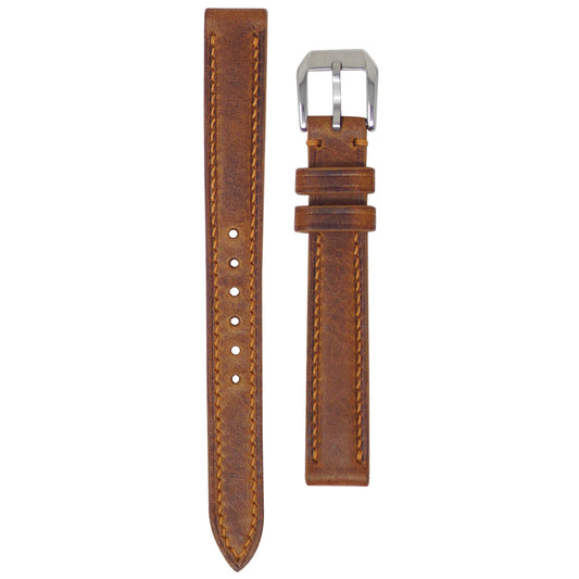 Cognac Badalassi Wax leather watch strap, 13mm, with light brown stitching and a silver buckle, flat lay.