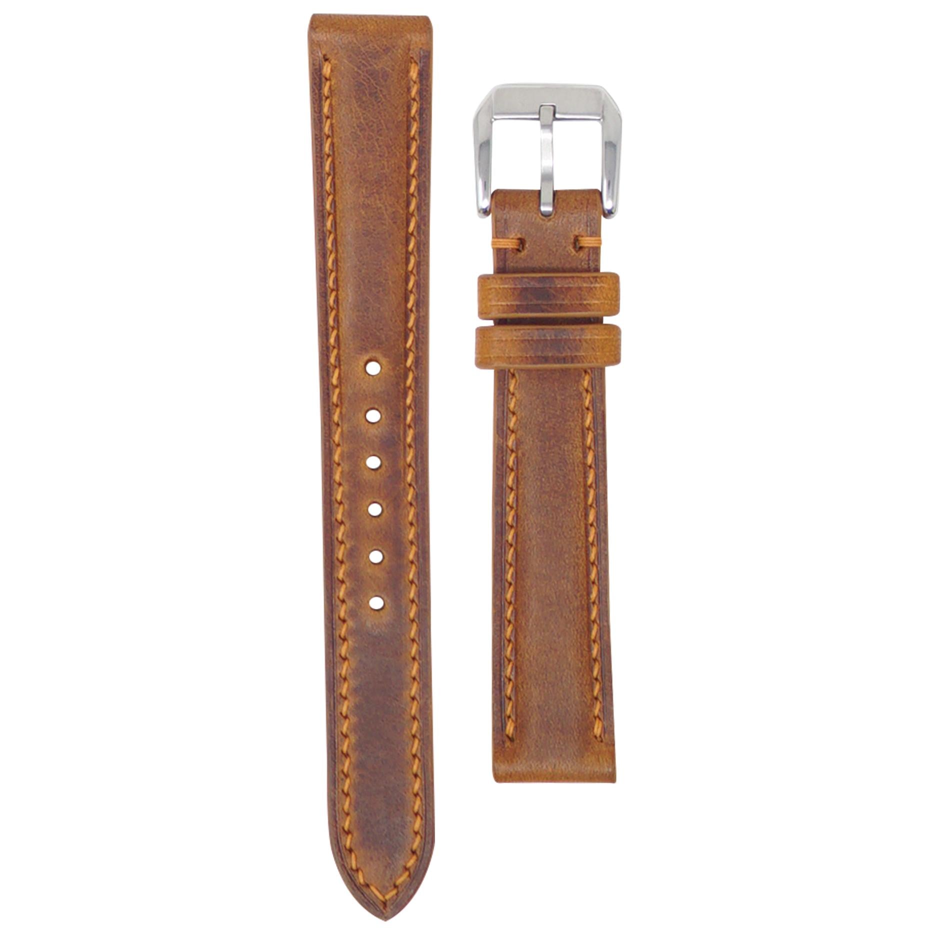Cognac Badalassi Wax leather watch strap, 16mm, with orange stitching and silver buckle, flat lay.