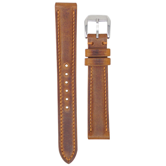 Cognac Badalassi Wax leather watch strap, 16mm, with orange stitching and silver buckle, flat lay.