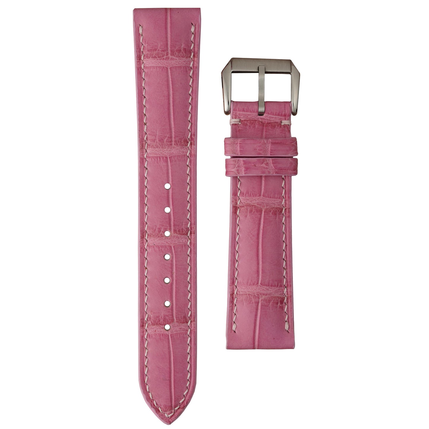 Salmon pink crocodile leather watch strap with white stitching and a silver buckle, flat lay.