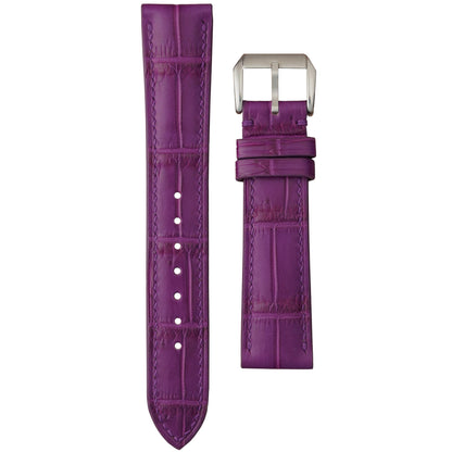 Purple crocodile leather watch strap with matching stitching and silver buckle, flat lay.