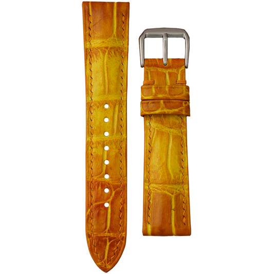 Amber Flame crocodile leather watch strap with matching stitching and silver buckle, flat lay.