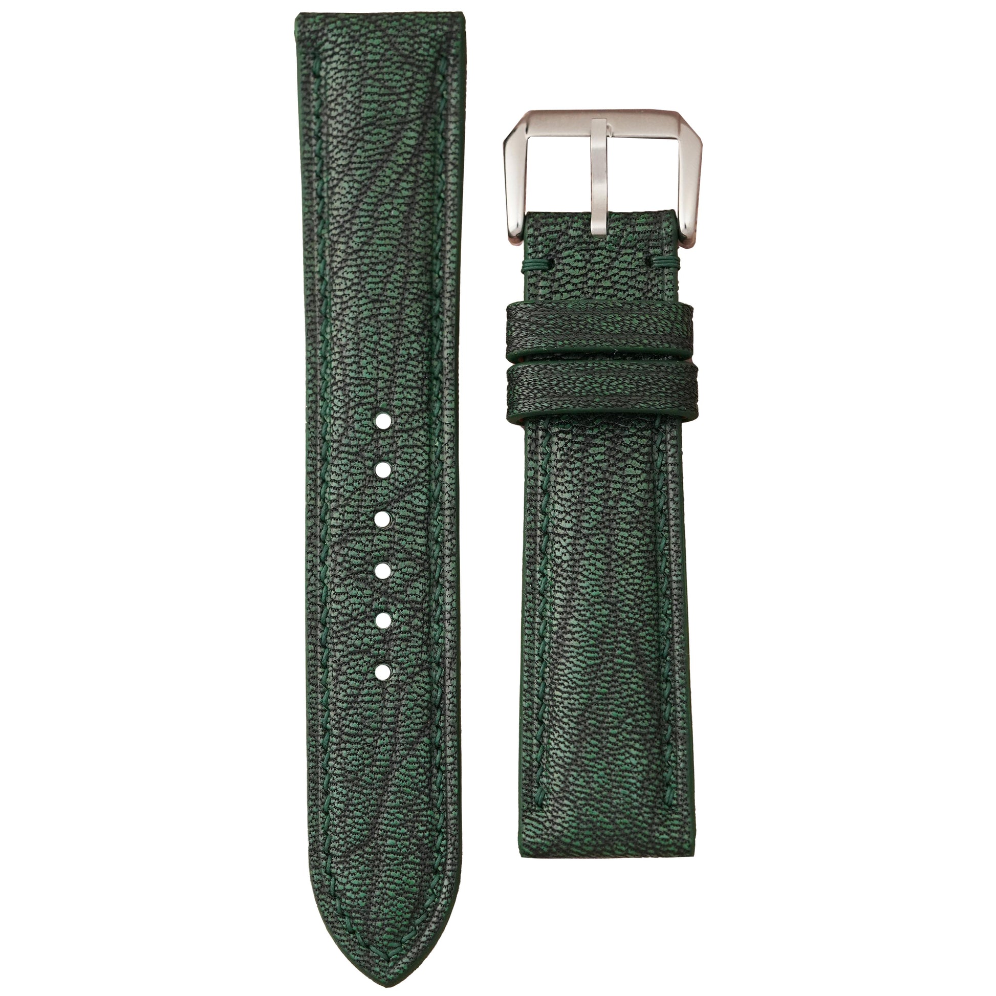 Basil green Alran Patnat goat leather watch strap with matching stitching and silver buckle, flat lay.