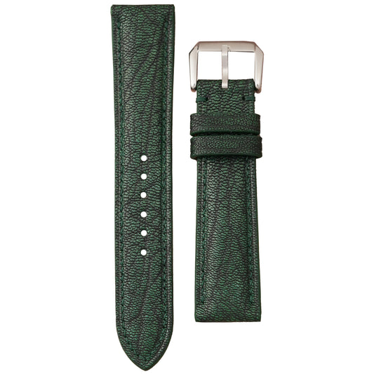 Basil green Alran Patnat goat leather watch strap with matching stitching and silver buckle, flat lay.