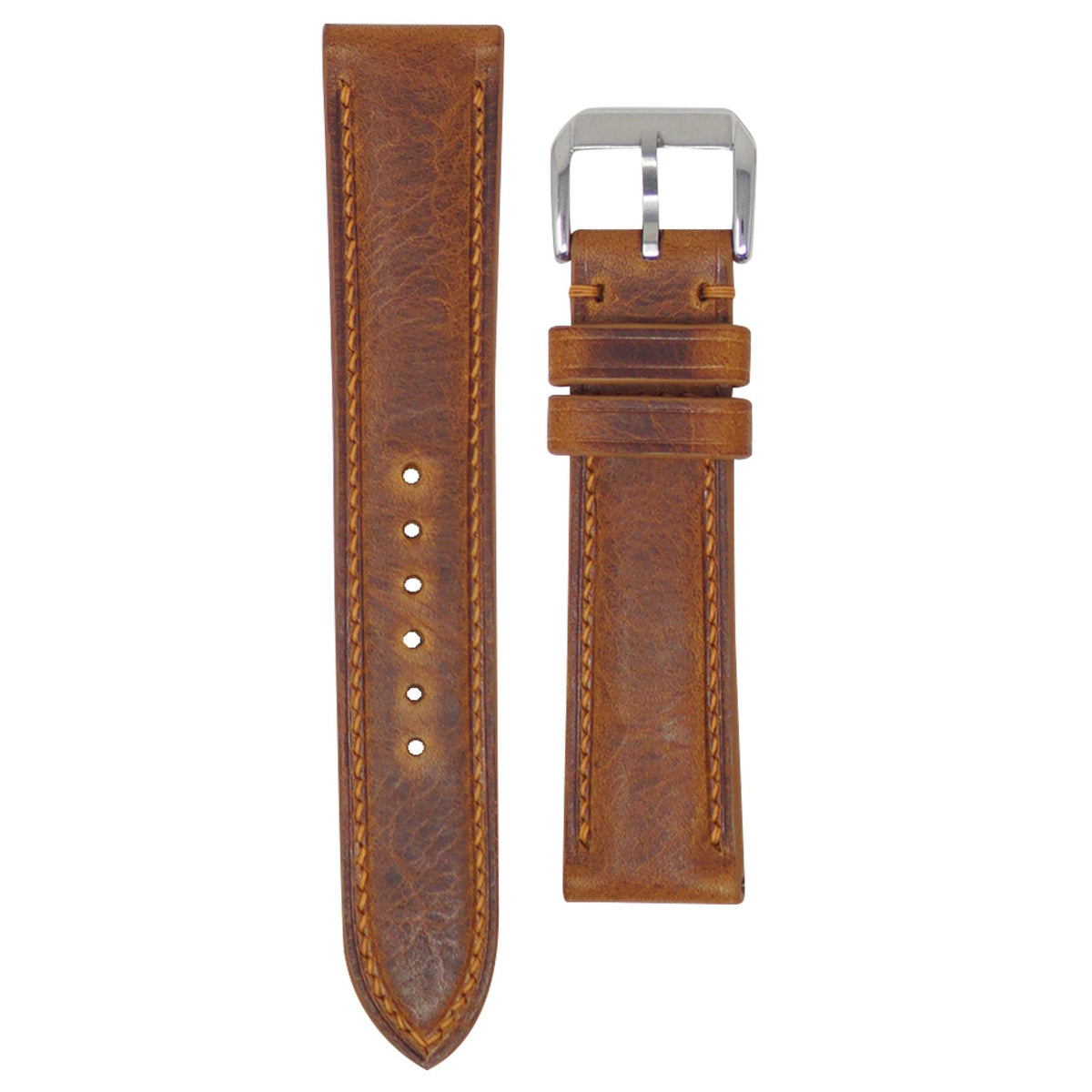 Cognac Badalassi Wax leather watch strap with matching stitching and a silver buckle, flat lay.