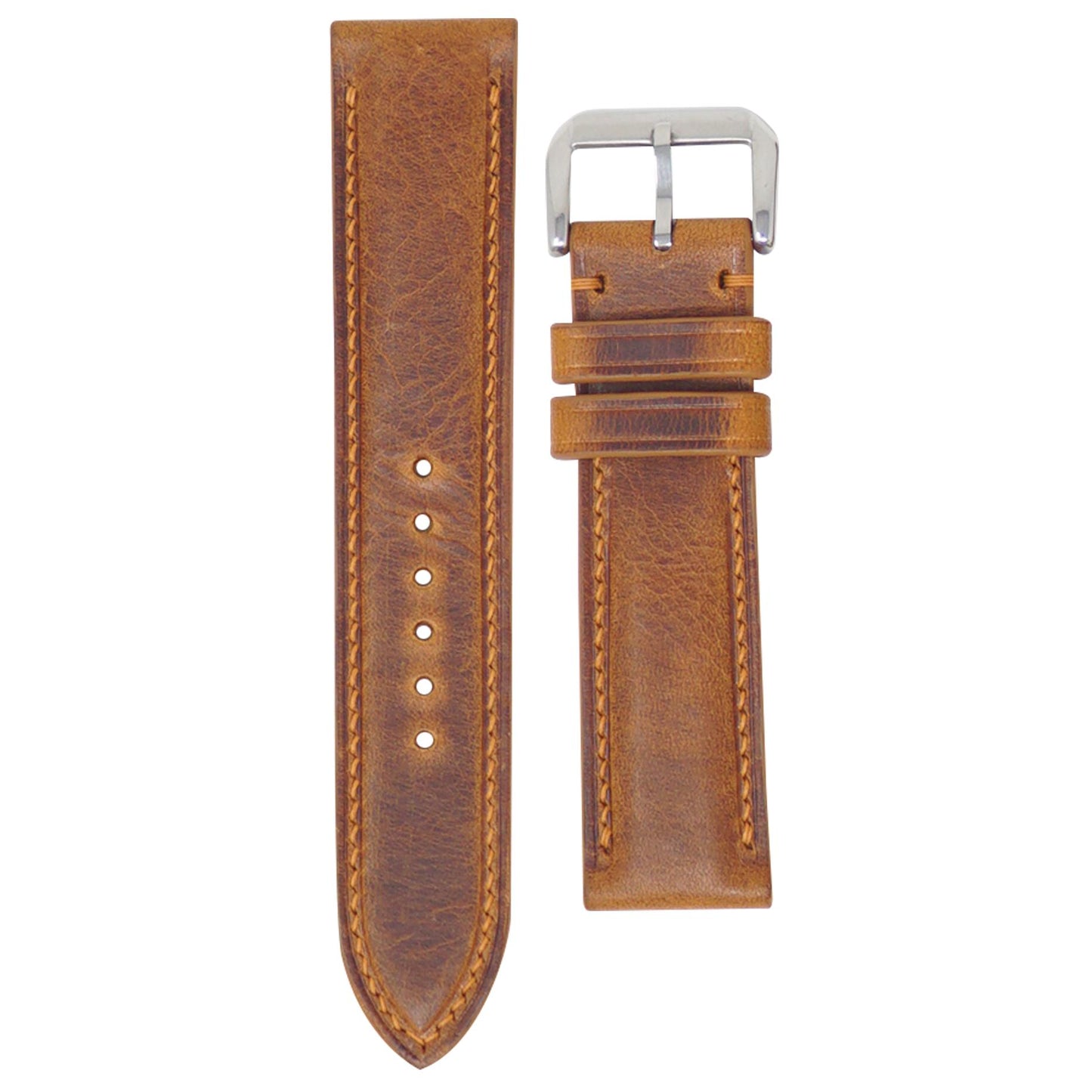 Cognac Badalassi Wax leather watch strap with light brown stitching and silver buckle, flat lay.