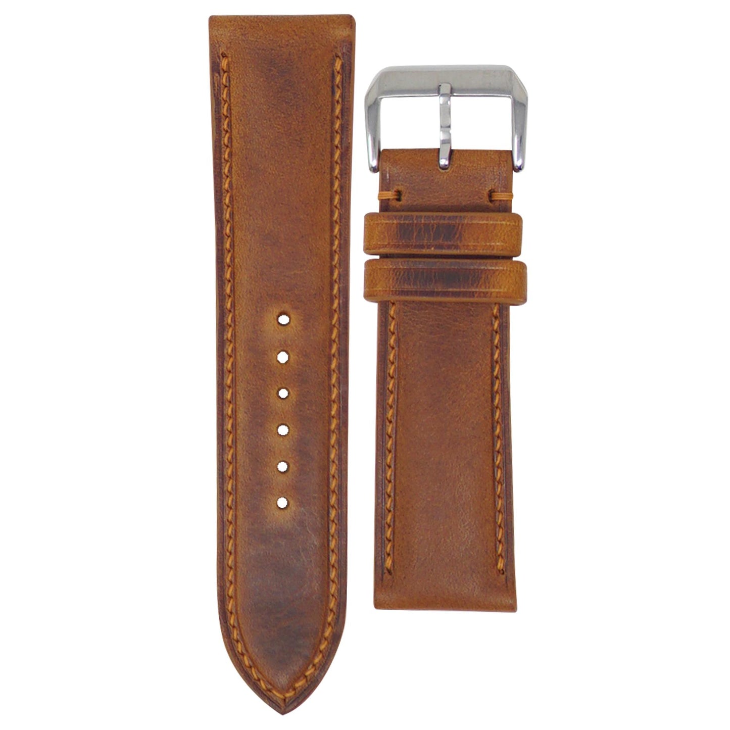 Cognac Badalassi Wax leather watch strap, 24mm, with light brown stitching and a silver buckle, flat lay.