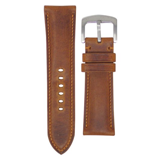 Cognac Badalassi Wax leather watch strap, 25mm, with light brown stitching and a brushed silver buckle, flat lay.