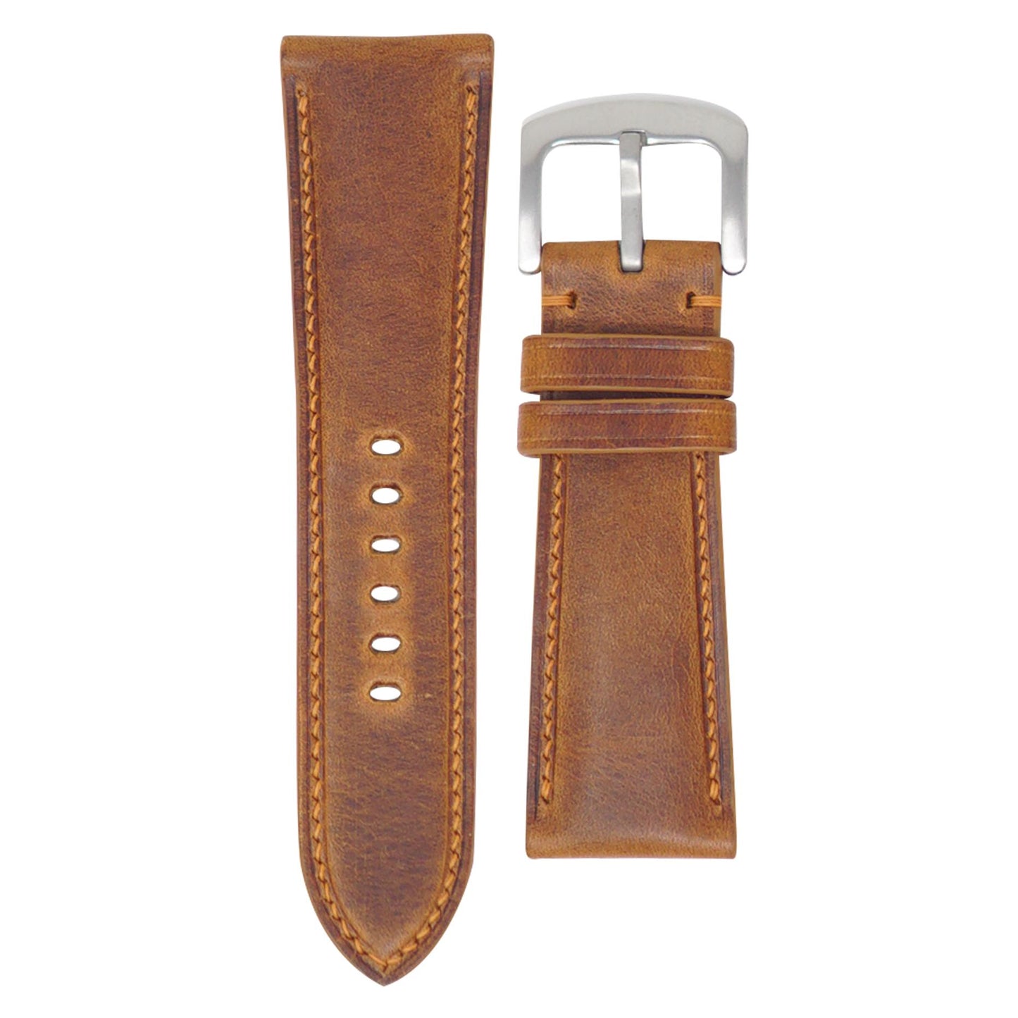 Cognac Badalassi Wax leather watch strap, 26mm, with light brown stitching and a silver buckle, flat lay.