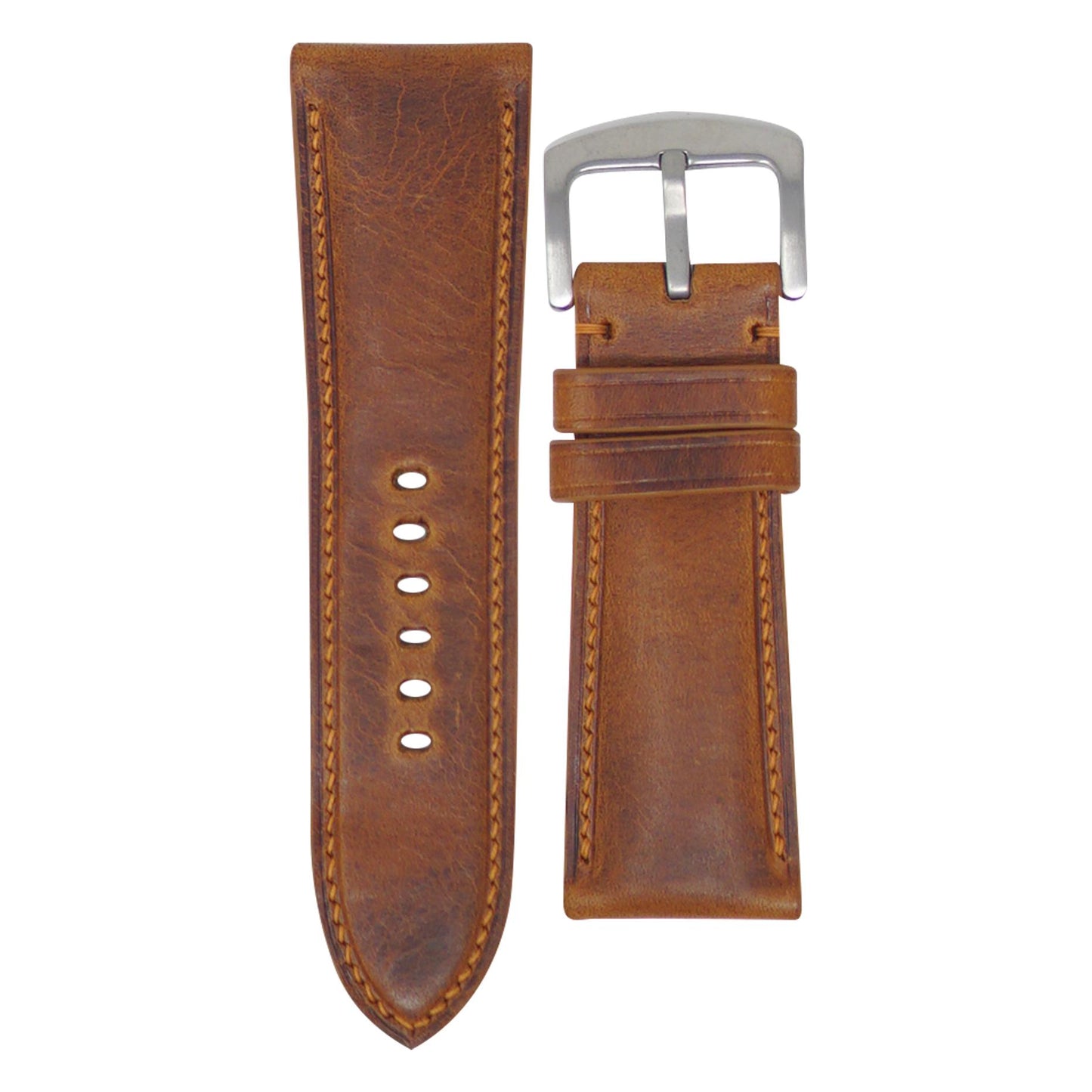 Cognac Badalassi Wax leather watch strap, 28mm, with light brown stitching and a brushed silver buckle, flat lay.
