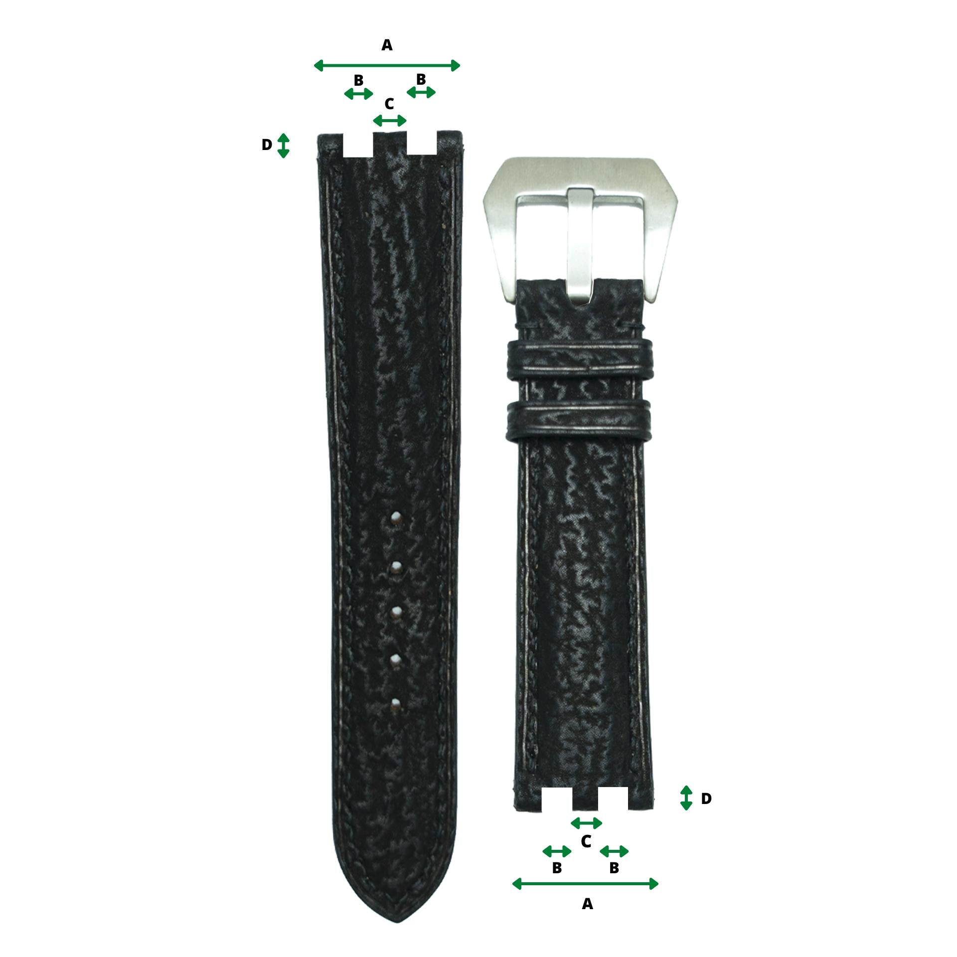 Black textured leather watch strap with multi notches and silver buckle, flat lay.