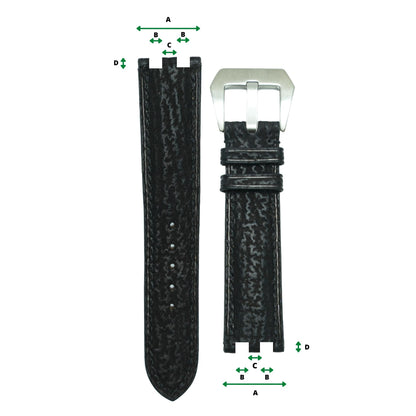 Black textured leather watch strap with multi notches and silver buckle, flat lay.