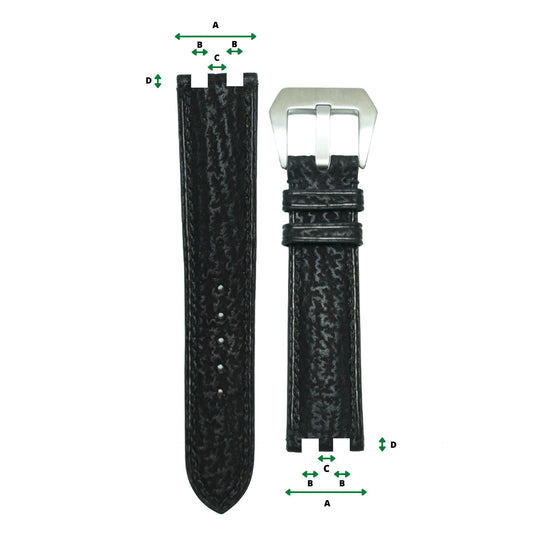 Black textured leather watch strap with multi notches and silver buckle, flat lay.