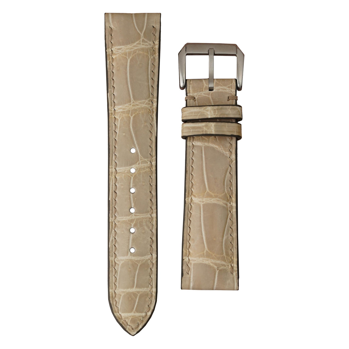 Gray crocodile leather watch strap with matching stitching and a dark gray buckle, flat lay.