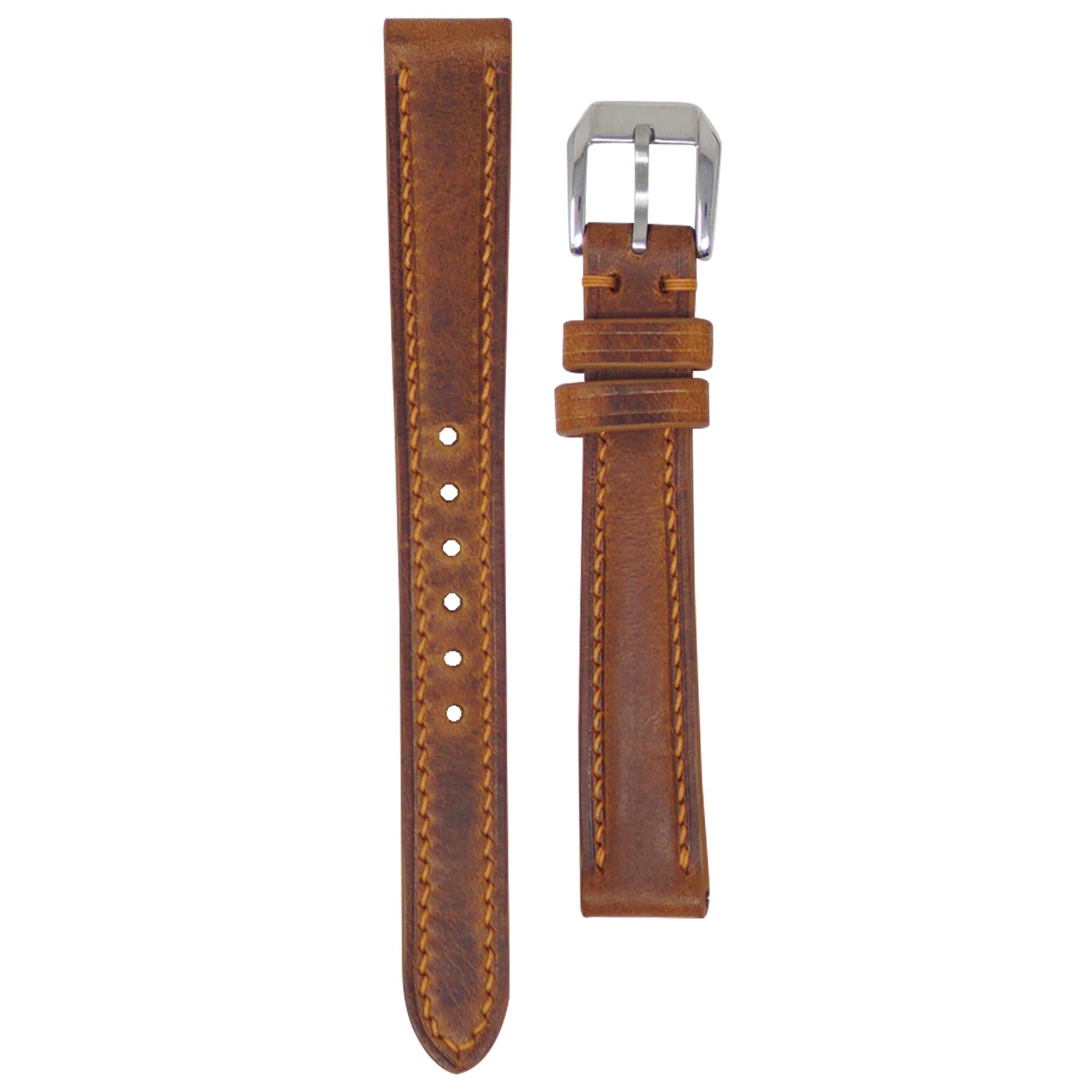 Cognac Badalassi Wax leather watch strap, 14mm, with light brown stitching and a silver buckle, flat lay.