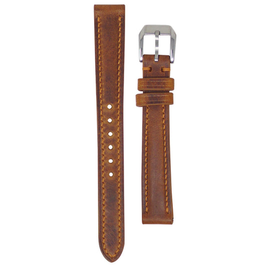 Cognac Badalassi Wax leather watch strap, 14mm, with light brown stitching and a silver buckle, flat lay.