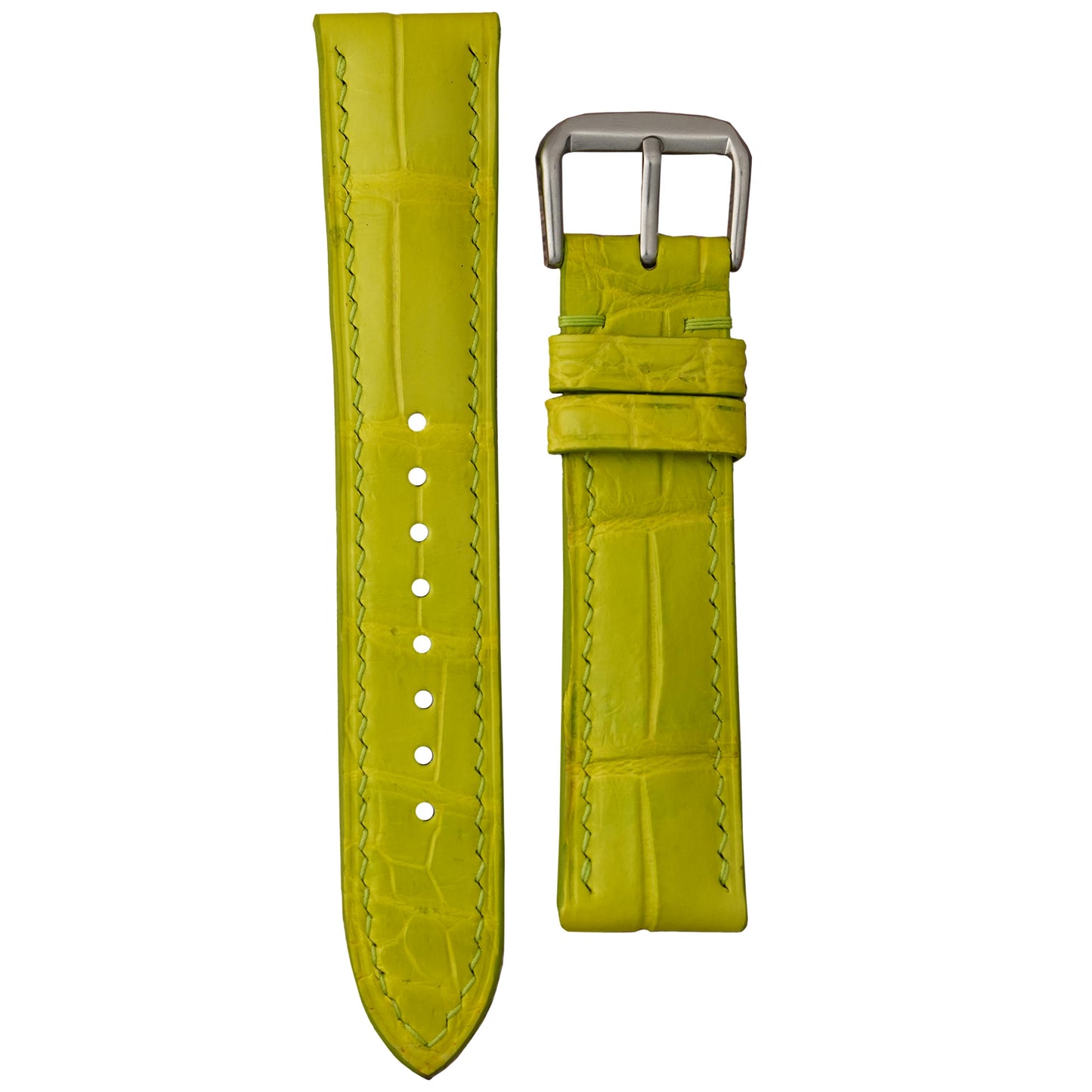 Lime green crocodile leather watch strap with matching stitching and silver buckle, flat lay.