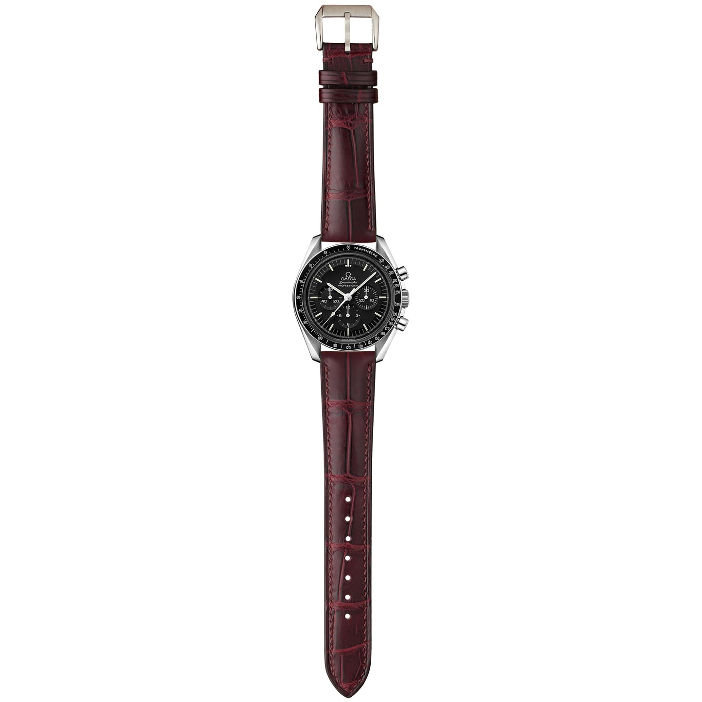Burgundy crocodile leather watch strap fitted to a black-dial chronograph, shown in a full-length flat lay.