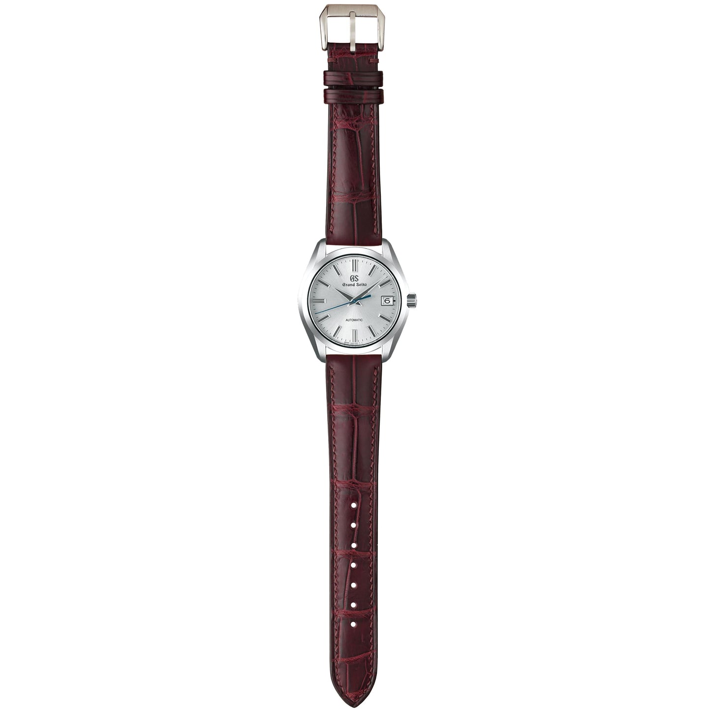 Burgundy crocodile leather watch strap fitted to a white-dial dress watch, shown in a full-length flat lay.
