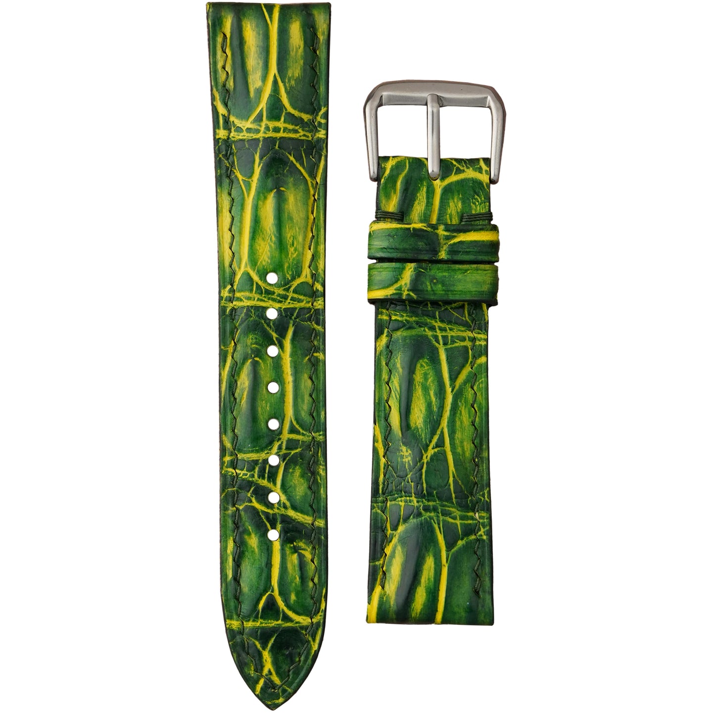 Electric Jungle green and yellow crocodile leather watch strap with silver buckle, flat lay.