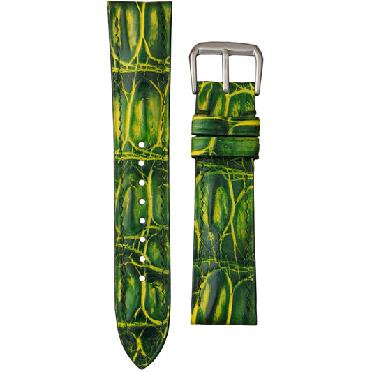 Electric Jungle green and yellow crocodile leather watch strap with silver buckle, flat lay.