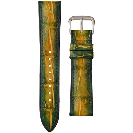 Citrus Moss green and yellow crocodile leather watch strap with light stitching and silver buckle, flat lay.
